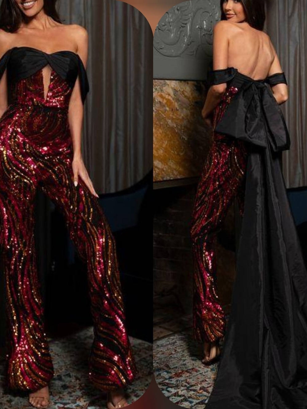 Rachel Allan Red and Gold Sequin Off-Shoulder Wide Leg Jumpsuit with Black Bow